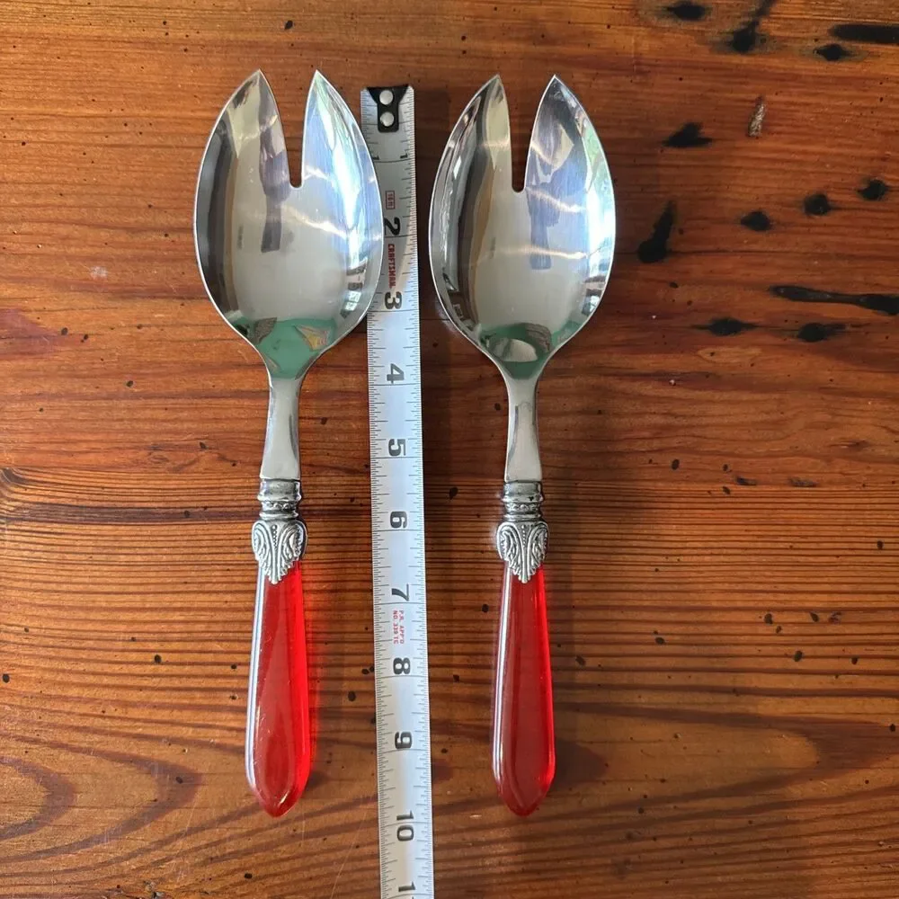 Ruby Red Handled Salad Serving Untensils/Sporks 10 Inches Clear Red Handles